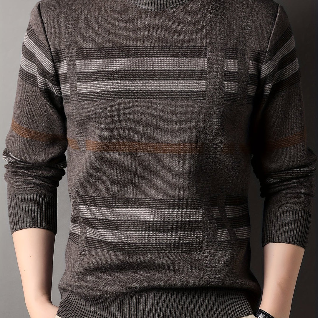 Men's Thick Winter Sweater Slim Fit Striped Knit Pullover - Soft Stretch Round Neck Long Sleeve Casual Shirt for Autumn & Cold Weather, Holiday Sweater, Medium Elasticity Fabric